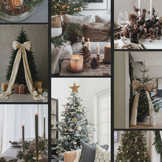 Collage of Christmas-themed decor including trees, candles, and table settings.