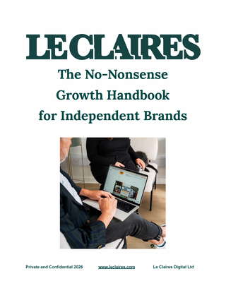 Cover of 'The No-Nonsense Growth Handbook for Independent Brands' by Le Claires with a person using a laptop.